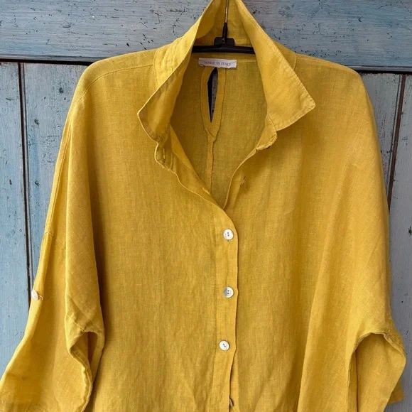 Made in Italy 100% Linen Women's Shirt in Mustard - Picture 2 of 13